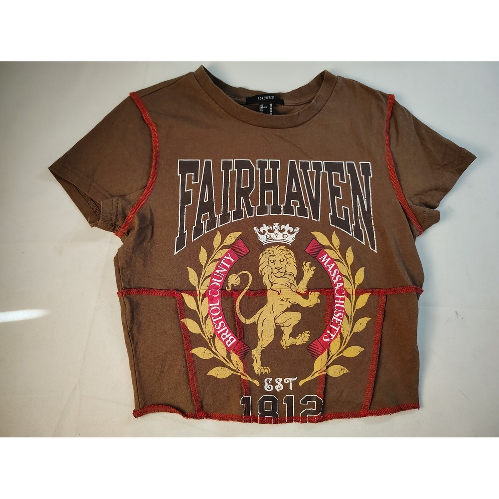 Forever 21 Brwn Graphic Crp Top Y2K Grunge Exposed Red Stitching Streetwear Sz M